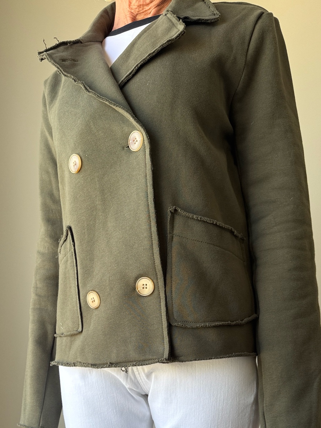 Olive Green Double-Breasted Frayed Hem Jacket From Anthropology